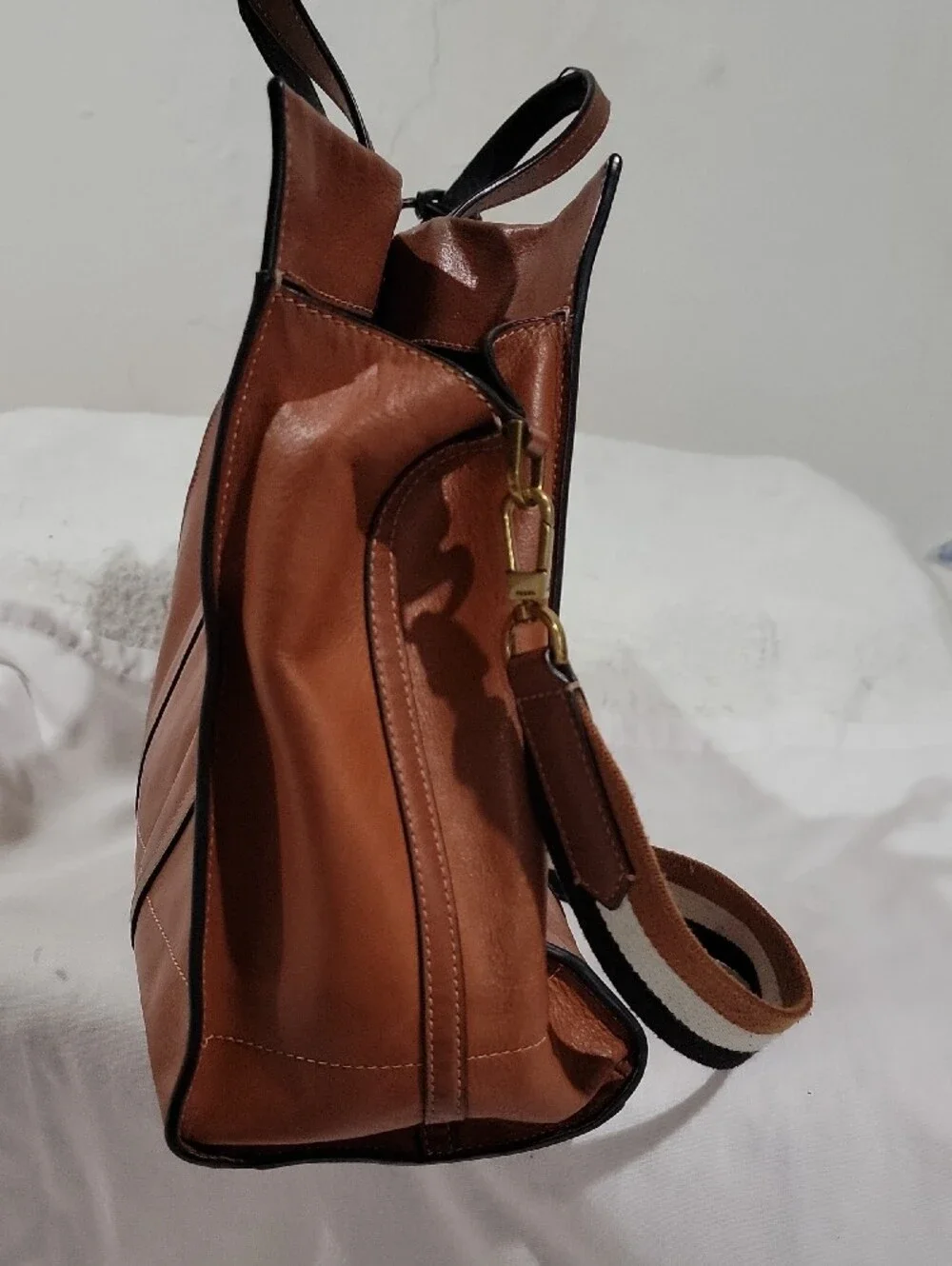 Fossil Carmen Shopper Tote Cognac Leather Tote with Striped Removable Strap